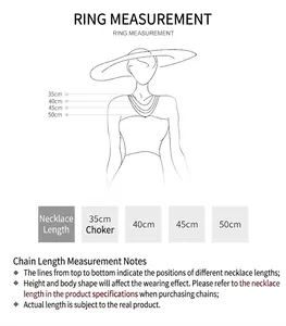 Size guide showing 18k gold necklace lengths from 35cm to 50cm on a model silhouette
