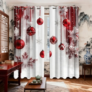 Close-up of red and white Christmas curtains with snowflake prints and metal ring grommets