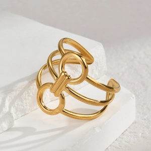 Minimalist gold woven geometric open ring for women with polished multi-layer lines