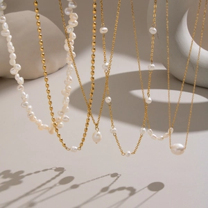 18K gold plated stainless steel necklace set with baroque freshwater pearls for women