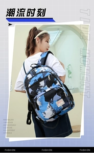 Detailed view of camo backpack with multi-pocket design on female model in studio