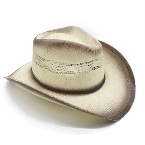 Western straw cowboy hat with ventilated crown and brown gradient brim on white background