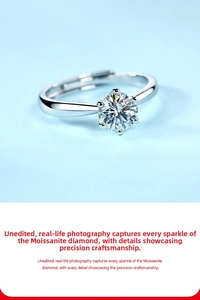 Macro shot of S925 silver moissanite ring with six-prong setting and adjustable band