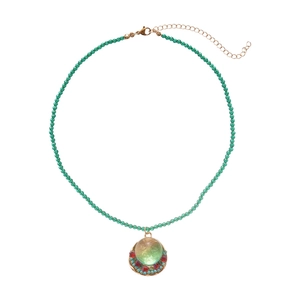 Vintage resin glass beaded necklace with green translucent beads and golden round pendant