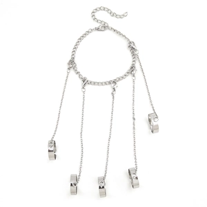 Silver finger ring bracelet harness with five adjustable open rings and lobster clasp
