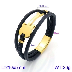 Detail view of multi-layer black leather bracelet with golden guitar charm and magnetic clasp