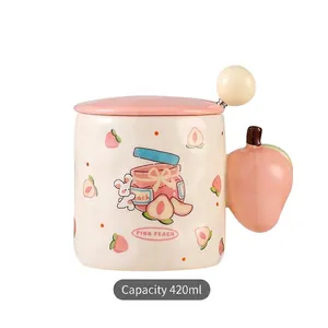 Cute ceramic peach coffee mug with lid and peach-shaped handle, 420ml office water cup