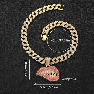 Hip hop Cuban chain with pink diamond lip pendant showing dimensions and weight details