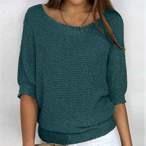 Women's dark green knit sweater with boat neck and elegant batwing half-sleeves