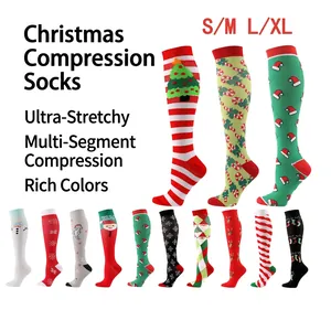 Christmas Compression Socks For Men Women Nylon Elastic Long Stockings Festive Patterns Running Sports Reindeer Santa Snowflakes