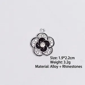 DIY rose flower heart pendant charm with black enamel and rhinestones 1.9x2.2cm