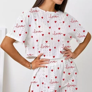 Women's white short sleeve set with red hearts and love print featuring jacquard texture