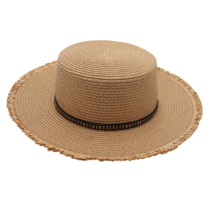 Flat top straw beach hat with beaded trim and raw edges in natural khaki color
