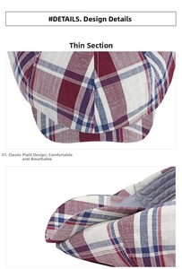 Detailed close-up of red, white, and blue plaid baker boy hat with breathable texture