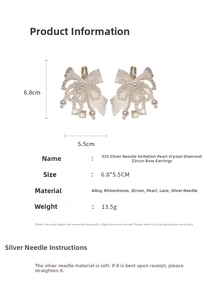 Macro detail of bow earrings with silver needles, pearls and crystals, size 6.8x5.5cm