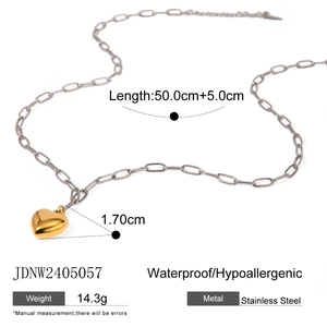 Two-tone stainless steel heart pendant necklace with dimensions and features details