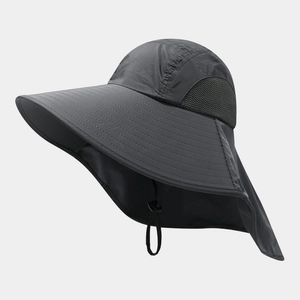 Detail of outdoor sun hat featuring breathable mesh panels and adjustable windproof strap