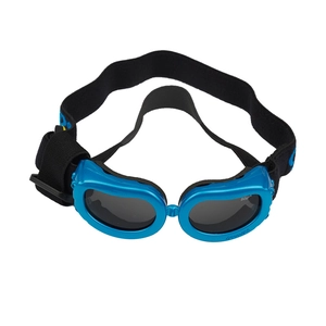 Blue UV protective dog goggles with adjustable straps and grey impact resistant lenses