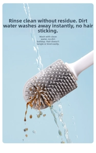 Detailed shot showing easy-clean TPR bristles of toilet brush under running water