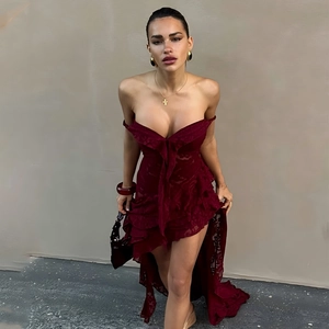 Women Sexy Lace Irregular Hi-Low Hem Dress Off Shoulder Backless Ruffle Party Evening Long Gown