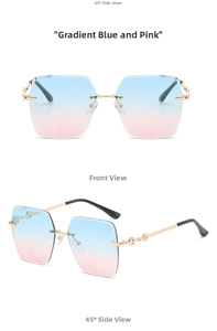 Detail view of rimless square sunglasses with gradient blue-pink lenses and gold metal temples