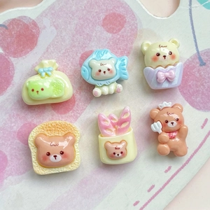 Detailed view of six miniature resin cartoon bear charms for DIY crafts and accessories