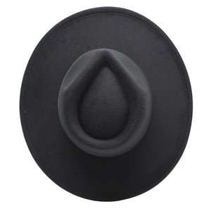 Top view of a black wool fedora hat with a teardrop crown and precise edge stitching