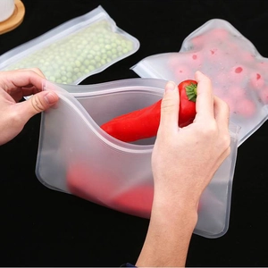 Reusable frosted food storage bags in three sizes for fresh kitchen organization