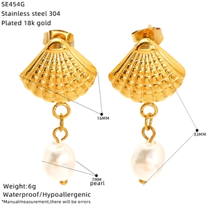 Gold stainless steel starfish and conch earrings with pearls and technical dimensions