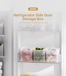 Clear plastic refrigerator side door organizer boxes for efficient kitchen storage
