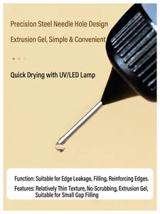 Macro detail of UV nail edge sealer dripping from a precision steel needle tip