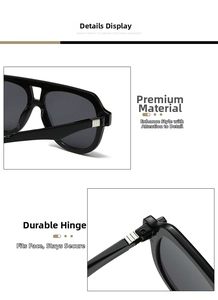 Detail of sturdy metal hinges and silver stripe decoration on black pilot sunglasses