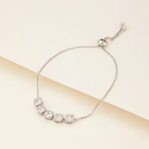 Elegant adjustable silver bracelet with five square halo zircon stones for women