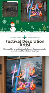Detailed view of Christmas snowman and Hello 2026 firework static window stickers for glass
