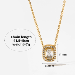 Detail of gold titanium steel necklace featuring a rectangle cubic zirconia pendant