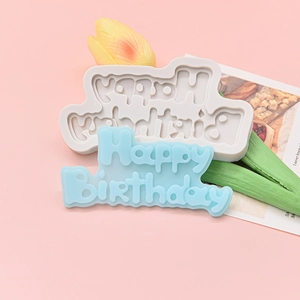 Happy Birthday silicone fondant mold for cake chocolate decorating in light blue and grey