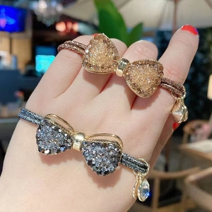 Vintage Rhinestone Bowknot Hair Tie Alloy Crystal Sparkly Elastic Hair Ring Elegant Headband For Women