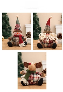 Detailed trio of burlap Christmas ornaments featuring snowman, santa, and reindeer figures