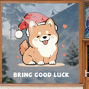 Christmas dog window sticker featuring a cartoon Shiba Inu with a Santa hat and lucky text