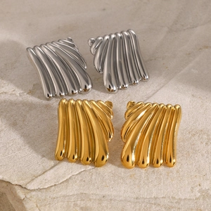 Irregular square stud earrings with wavy texture in gold and silver finish