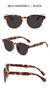 Détail en trois vues de lunettes de soleil rétro écaille de lait avec clous argent