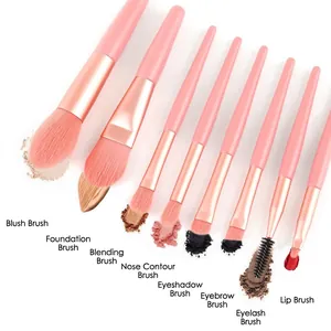 8pcs mini makeup brush set in pink with rose gold ferrule for face and eye cosmetics