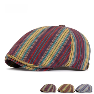 Retro striped beret flat cap for women with colorful vintage patchwork design