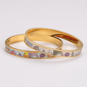 Artistic Enamel Bangle 304 Stainless Steel Hinged Bracelet Gold Plated Colorful Illustration Floral Pattern For Women