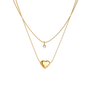 Double-layered gold titanium steel necklace with heart pendant and sparkling zircon