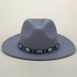 Detail of grey felt fedora featuring black leather band with silver studs and floral buckle