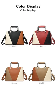 Detailed view of color-block tote bags with metal handles in four stylish variations