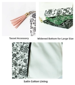 Detail of paisley purse showing pink tassel accessory, widened bottom and twill cotton lining