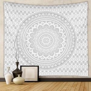 Bohemian mandala tapestry in white and light gray for minimalist wall decor