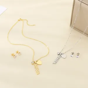 Stainless Steel Mama Letter Pendant Heart Charm Round Rhinestone Necklace And Stud Earrings Mother Day Fashion Jewelry